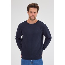 Erkek Lacivert Standart Fit Normal Kesim Pamuklu Basic Bisiklet Yaka Sweatshirt