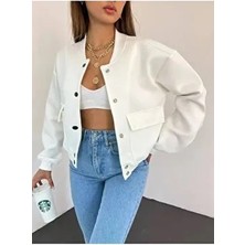 Beyaz Bomber Cepli Ceket