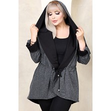 Kapüşonlu Apoletli Uzun Kollu Beli Büzgü Bağcıklı Çift Cepli Jakarlı Kumaş Rahat Büyük Beden Hırka