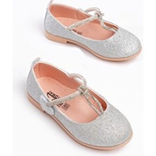 Kız Çocuk Gümüş Simli Kaydırmaz Taban Taşlı Babet