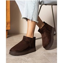 Mini Kahve Süet Içi Kürklü Kalın Taban Kadın Bot