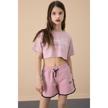 Koyu Pembe Yanları Yırtmaçlı Çiçek Baskılı Beli Lastikli Kız Çocuk Şort 20739