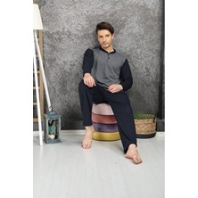 Şipka %100 Pamuklu Süprem Jakarlı Erkek Pijama Takımı Gri Uzun Kol Baskılı Regular Siluete Sahip