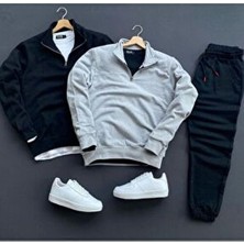 3lu Kombin Yarım Fermuarlı Pamuklu Siyah Sweat-Pamuklu Siyah Eşofman Altı Takım Alt Üst 3