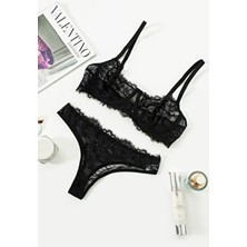 La Linaa Anna Siyah Dantel Kapsız Külotlu Sütyen Takım 2 Parça Düz Desenli Kadın İç Giyim