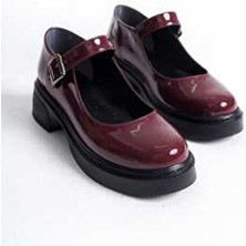 Kadın Mary Jane Rugan Baretli Loafer Ayakkabı Bordo Suni Deri Poli Taban ile Rahat Kullanım