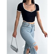 Qutta Siyah Kalp Yaka Kısa Kollu Fitilli Kadın Crop Bluz Polyester Pamuk Slim Fit