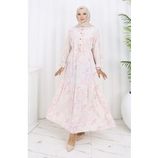 Sefa Merve Keten Kumaş Beli Bağcıklı Düğmeli Elbise 0173A-01 Pembe