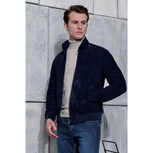 Kende Kolej Lacivert Hakiki Deri Erkek Süet Ceket Orta Kalınlıkta Astarlı Standart Kol