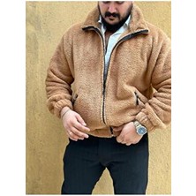 Camel Tarçın Peluş Wellsoft Dik Yaka Cepleri Fermuarlı Oversize Kesim Peluş Ceket