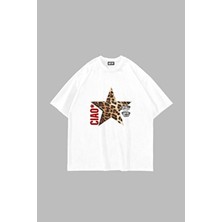 Sekizbiraltı Ciao Oversize Unisex Beyaz Tshirt Kısa Kol Pamuklu Günlük Stil Yıldız Baskılı Tasarım