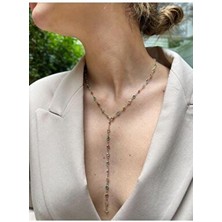 Renkli Damla Taş Detaylı Y Model Kadın Kolye 2 Farklı Model Seçeneği Sarı Maden Rengi