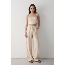 Jaste Kadın Beli Lastikli Bol Paça Palazzo Keten Pantolon BEJ