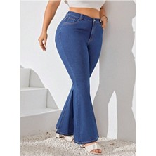 Noxter Kadın Büyük Beden Mavi Denim Pantolon Düz Desenli Regular Kesim