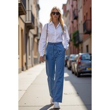Enzim Jeans Kadın Wide Leg Beli Lastikli Normal Bel Denim Pantolon Tüm Sezonlar İçin Rahat Model