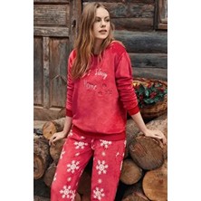 Dofi Kadın 1730 Kışlık Yılbaşı Pijama Takımı Kırmızı Süper Soft Yeni Yıl Noel Christmas