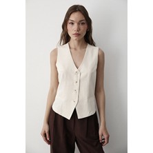 Jaste Kadın Astarlı Düğme Detaylı Keten Yelek NATURAL