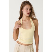 Tereyağı Sarı %95 Pamuk Halter Yaka Çift Kat Crop Top Body
