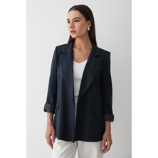 Jaste Kadın Çizgili İçi Astarlı Kol Detaylı Blazer Ceket LACİVERT