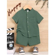 Müslin Cepli Şık Pamuklu 2'li Yazlık Şort Takım-Yeşil