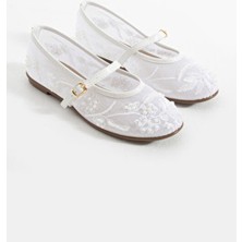 Bufu Beyaz Boncuk Nakış Işlemeli Yazlık Gelinlik Ayakkabısı Kadın File Babet Düz Taban
