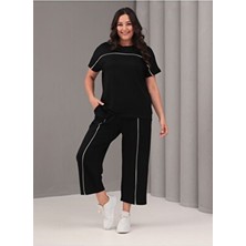 Şans Kadın Büyük Beden Siyah, Bisiklet Yaka, Düşük Kol, Biye Detaylı Kapri Boy Takım 65N39069