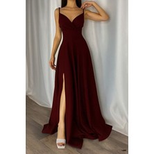 Kadın Bordo Krep Kumaş Yırtmaç Detaylı Abiye Elbise