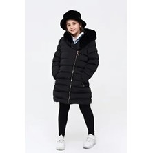 Benitto Kids Kız Çocuk Siyah Kaban Polyester Malzemeden Uzun Kollu Kapüşonlu Günlük Kullanım İçin