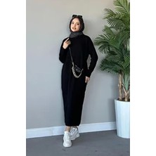 Şule Giyim Kadın Fitilli Triko Elbise Siyah Uzun Kol Regular Kalıp Günlük Kullanım İçin Şık