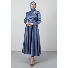 Omzu Taşlı Saten Abiye Indigo