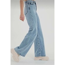 Pubi Mavi Palazzo Kadın Yüksek Bel Flare Jeans Denim Geniş Paça Regular Fit Modeli
