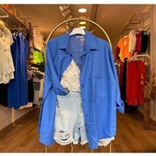 Durmaz Kadın Keten Oversize Gömlek Mavi Düz Desenli Yazlık Stil Cepli Yeni Sezon