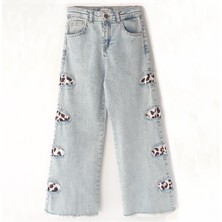 Leopar Kumaş Garnili Destroyed Bol Paça Kız Çocuk Jean Pantolon Buz Mavi Renk Kız Wide Leg Kot Pantolon 001-0002066