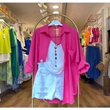 Durmaz Kadın Oversize Keten Gömlek Pembe Renk Düz Desenli Yazlık Stil Cepli Yeni Sezon