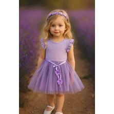 Kız Çocuk Özel Gün Doğum Günü Günlük Yılbaşı Hediye Abiye Pamuklu Tül Prenses Lila Elbise