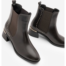 Marjin Kadın Zımba Detay Altın Ökçe Lastikli Topuklu Bot Ernaz Kahve