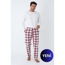 Dofi Erkek 1756 Bisiklet Yaka Ekose Kordonlu Pijama Takımı - Gri Melanj / Bej / Beyaz