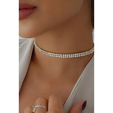 H&E Design Kadın Çift Sıra Zirkon Taşlı Rhinestone Choker Kolye Gümüş Maden Renkli Şık Tasarım