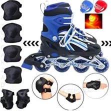 Depomiks Avm Işıklı Ayarlanabilir Çocuk Pateni 4 Tekerlekli Mavi Dizlik Dirseklik Koruyucu Set + LED Fener Hediyeli