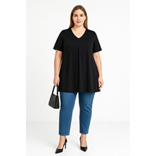 Stil Diva Kadın Büyük Beden V Yaka Siyah Desensiz Asimetrik Kesim Likralı Bluz