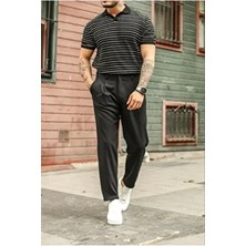 Tarz Cool Erkekler İçin Çizgili Polo Yaka T-Shirt Siyah Kısa Kol Casual Tarzda Akrilik Kumaş
