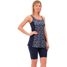 Taytkini Garnili Desenli Şortlu Büyük Beden Tankini 5534 Lacivert Beyaz