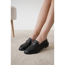 Özse Shoes Siyah Cilt Toka Detaylı Oxford Loafer Ayakkabı Erkek Suni Deri Malzeme Düz Taban