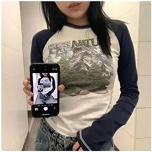 Köstebek Lacivert Raglan Kollu Kadın Back To Nature Gri Melanj Crop Pamuklu Uzun Kollu TShirt
