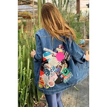 Kadın Büyük Beden Kot Ceket, Mavi Büyük Beden Yuvarlak Patchwork Detaylı Tasarım Kot Ceket