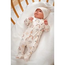 Bubbles Gökkuşağı Baskılı Patikli Tulum %100 Organik Pamuk Uzun Kol Unisex Ekru Renkli