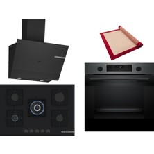 Bosch Siyah 3 Lü Ankastre Set 365 ( HUA736EG0T - PNQ7B6P30O - DWK67PJ60T  ) 75CM Wok Bek Ocak - Buhar Destekli - Pişirme Matı ile