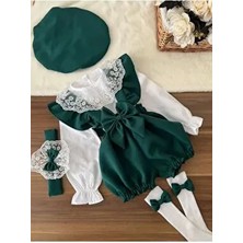 Biya Baby Kız Çocuk Bebek Takımı Uzun Kollu Yeşil Desenli Şort Gömlek ve Aksesuarlar