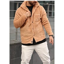 Belirtilmemiş Unisex Peluş Polar Hırka Ceket Bej Renk Düz Desenli Örme Kumaş Regular Kalıp