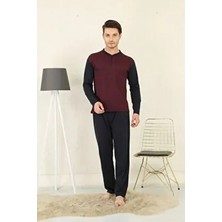 Meynur Moda Jakarlı Erkek Pijama Takımı %100 Pamuklu Uzun Kol Bordo Desenli Rahat Lastikli